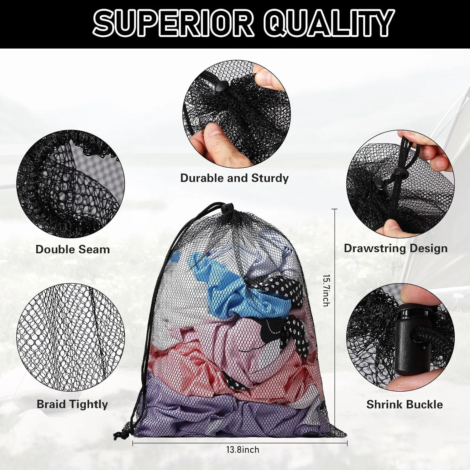 10PCS Mesh Drawstring Bag Durable Delicate Mesh Laundry Bag Multicolor Nylon Mesh Bag Small Mesh Gym Bag Travel Mesh Beach Bag Locking Closure Storage Bag For College, Gym, Yoga, Sport