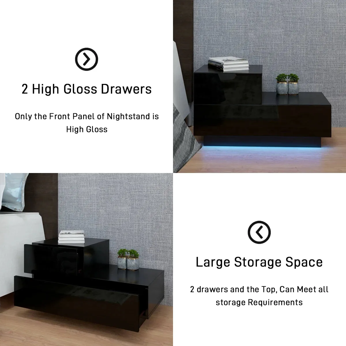 2 Drawers Nightstand W/RGB 20 LED Light Mode