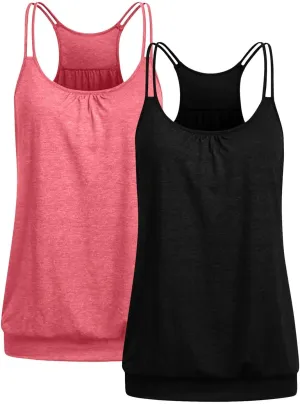 2 Pack Camisole Top for Women Summer Pleated Tank Tops Spaghetti Double Strap Cami Vest Sleeveless Yoga Workout Tops