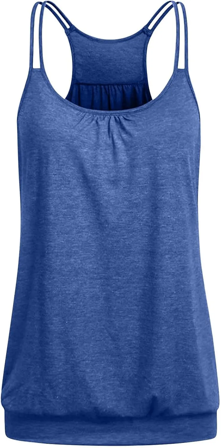 2 Pack Camisole Top for Women Summer Pleated Tank Tops Spaghetti Double Strap Cami Vest Sleeveless Yoga Workout Tops