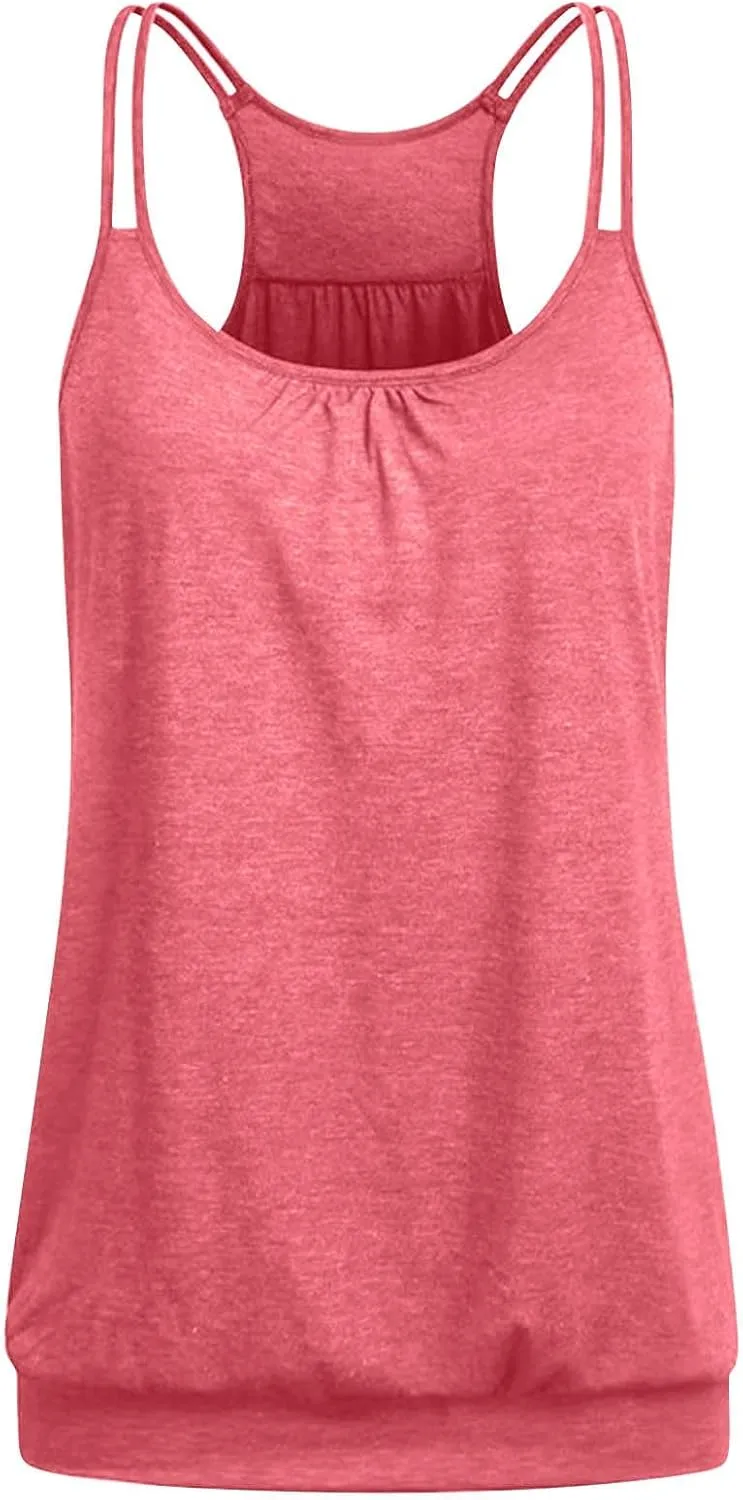 2 Pack Camisole Top for Women Summer Pleated Tank Tops Spaghetti Double Strap Cami Vest Sleeveless Yoga Workout Tops