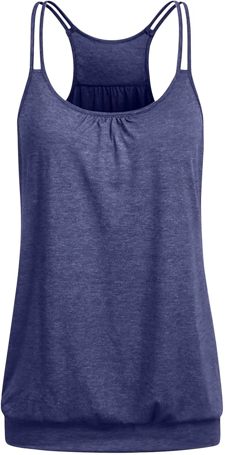 2 Pack Camisole Top for Women Summer Pleated Tank Tops Spaghetti Double Strap Cami Vest Sleeveless Yoga Workout Tops