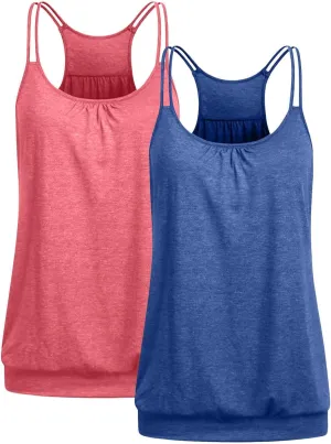 2 Pack Camisole Top for Women Summer Pleated Tank Tops Spaghetti Double Strap Cami Vest Sleeveless Yoga Workout Tops