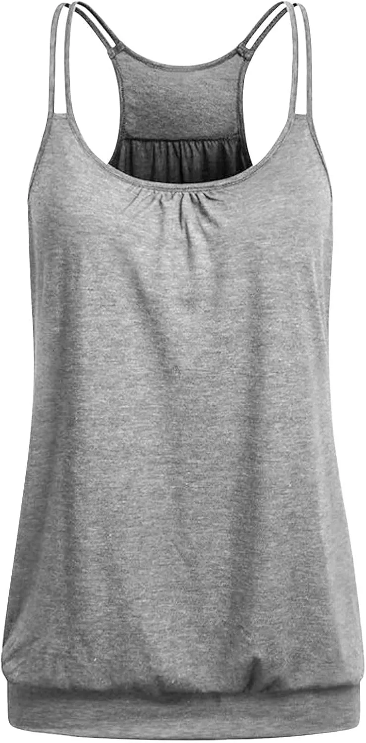 2 Pack Camisole Top for Women Summer Pleated Tank Tops Spaghetti Double Strap Cami Vest Sleeveless Yoga Workout Tops