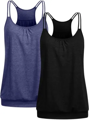 2 Pack Camisole Top for Women Summer Pleated Tank Tops Spaghetti Double Strap Cami Vest Sleeveless Yoga Workout Tops