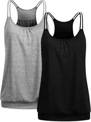 2 Pack Camisole Top for Women Summer Pleated Tank Tops Spaghetti Double Strap Cami Vest Sleeveless Yoga Workout Tops