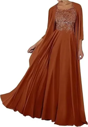 2 Piece Chiffon Mother of The Bride Dresses with Jacket 3/4 Sleeve Applique Crew Neck Long Formal Dresses
