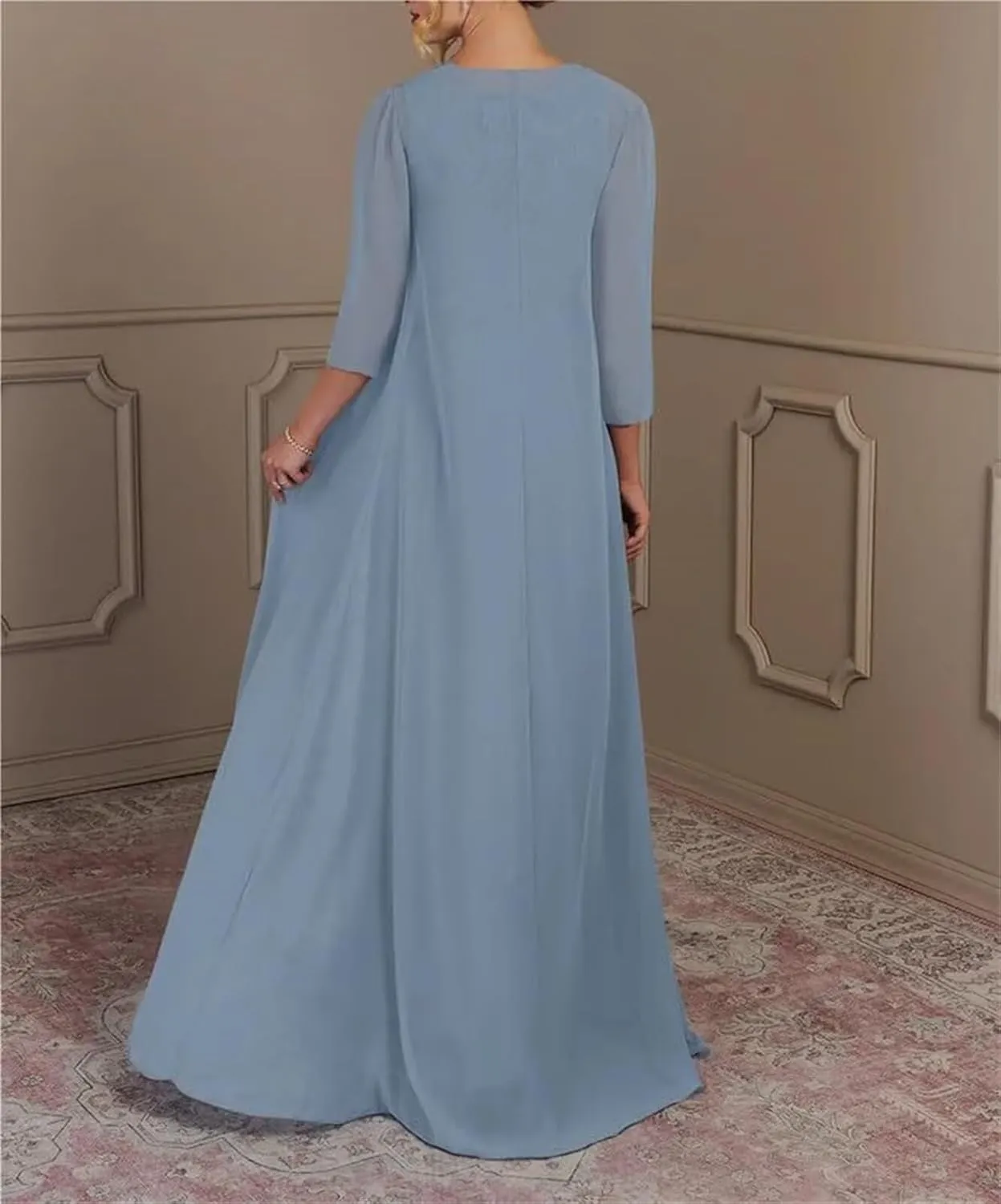 2 Piece Chiffon Mother of The Bride Dresses with Jacket 3/4 Sleeve Applique Crew Neck Long Formal Dresses