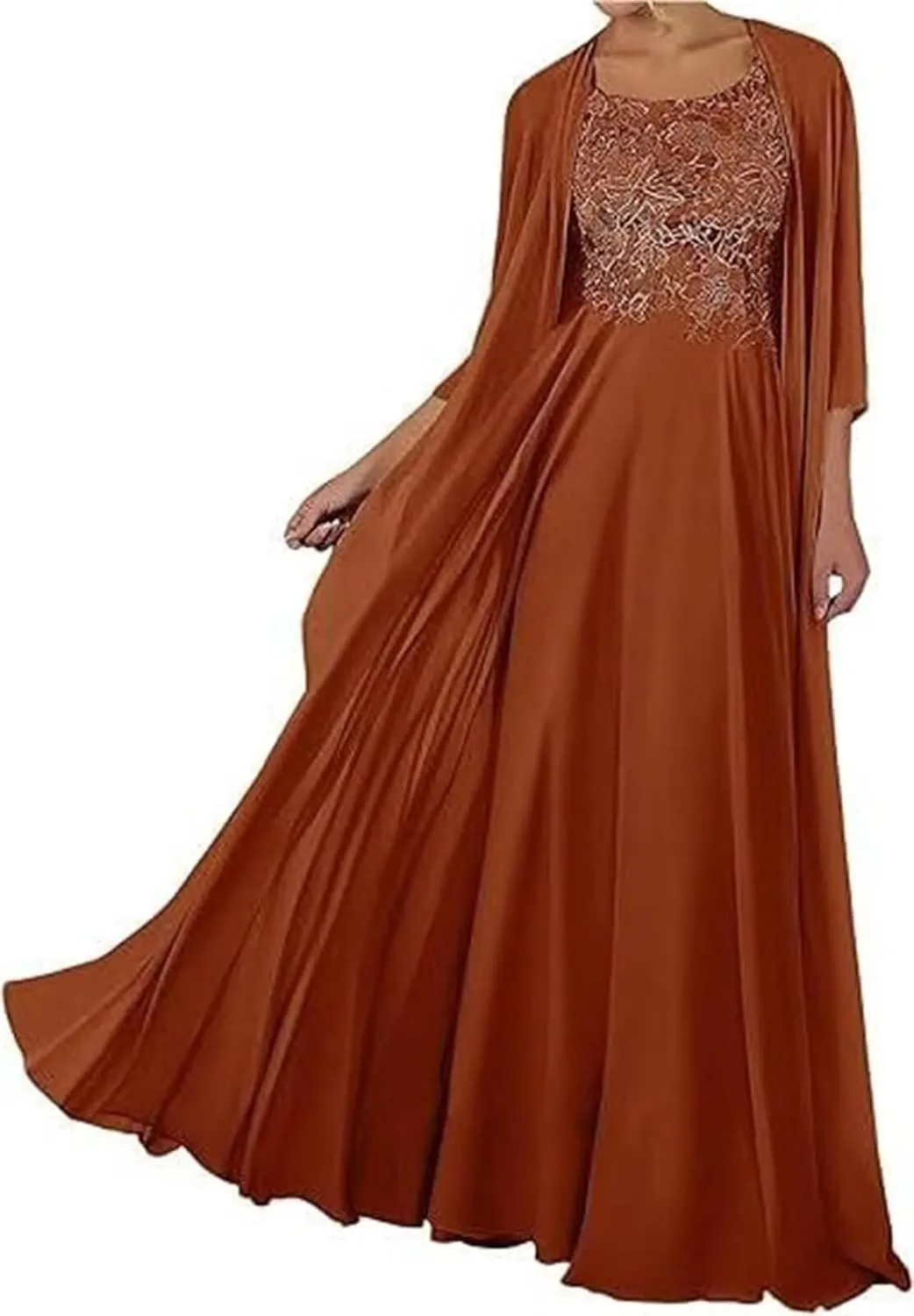 2 Piece Chiffon Mother of The Bride Dresses with Jacket 3/4 Sleeve Applique Crew Neck Long Formal Dresses