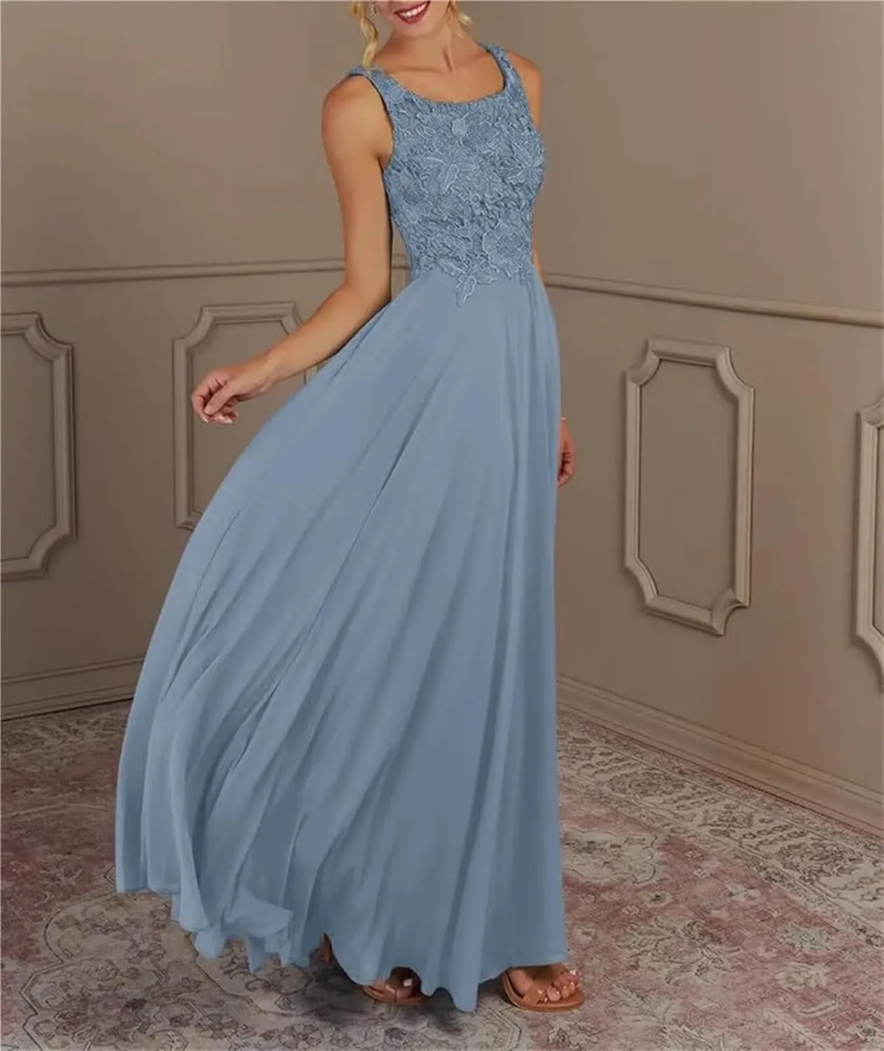 2 Piece Chiffon Mother of The Bride Dresses with Jacket 3/4 Sleeve Applique Crew Neck Long Formal Dresses