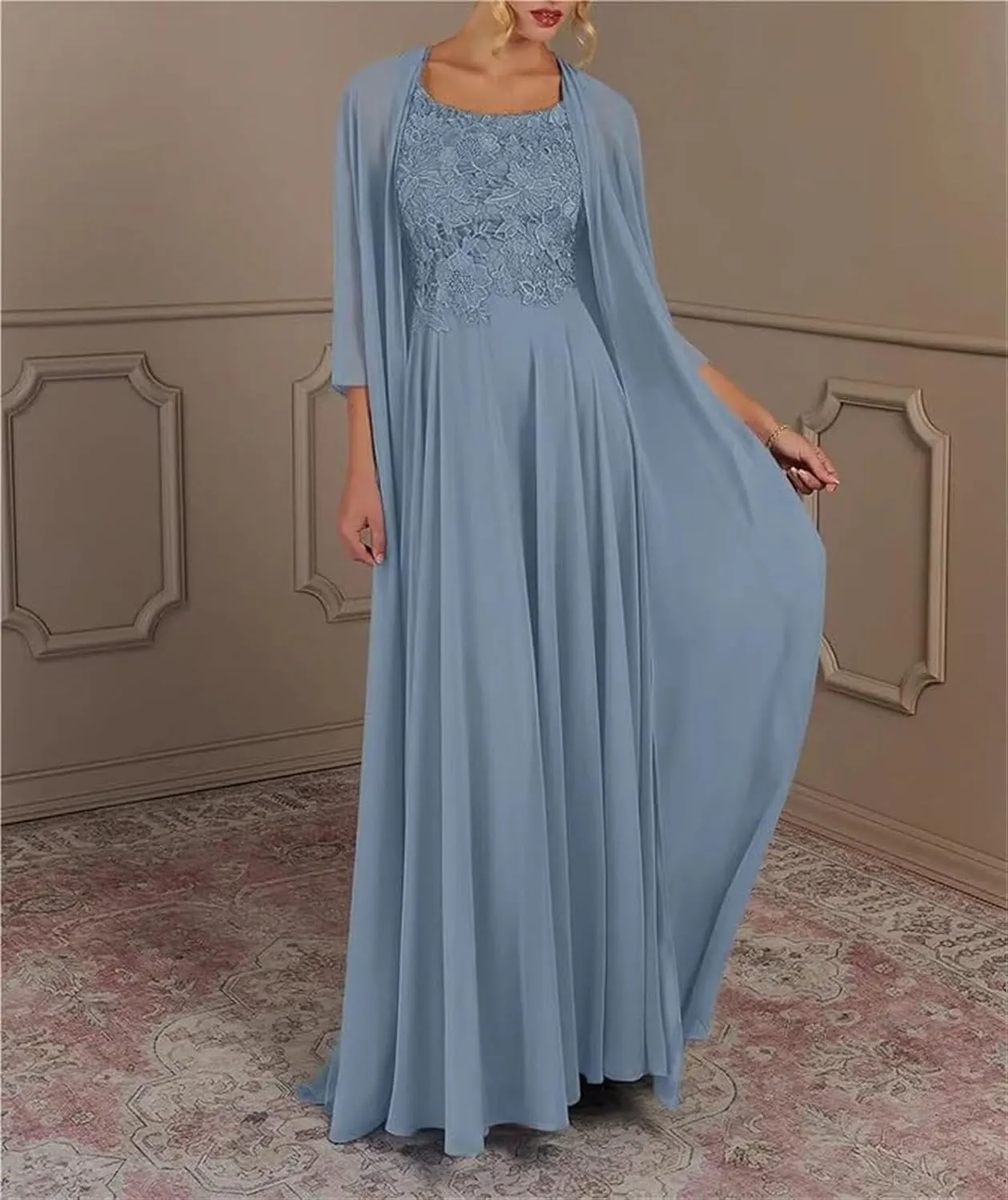 2 Piece Chiffon Mother of The Bride Dresses with Jacket 3/4 Sleeve Applique Crew Neck Long Formal Dresses