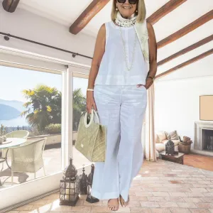2 Piece Linen Set for Women Solid Color Tank Top and Wide Leg Pants Suits Dressy Matching Sets with Pockets