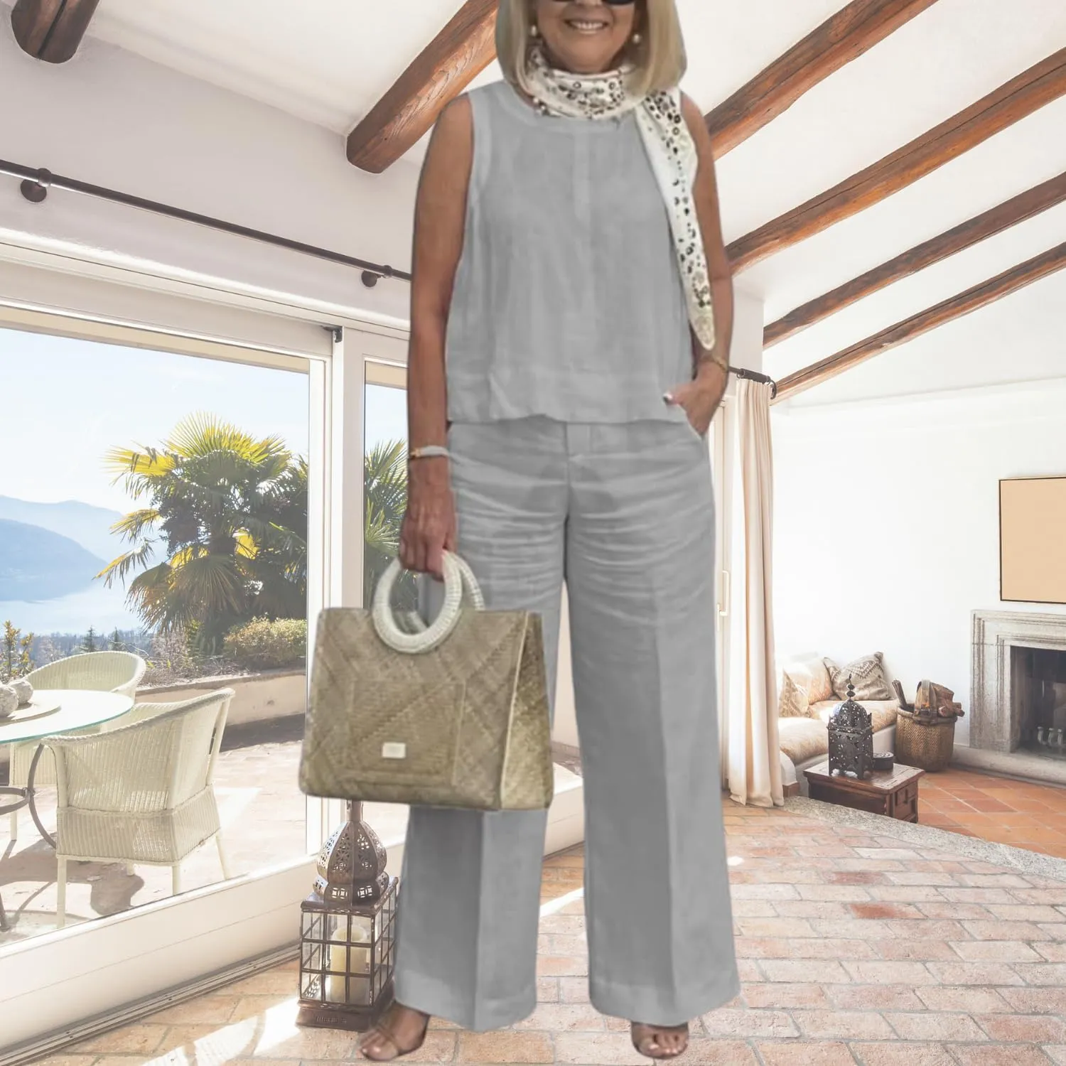 2 Piece Linen Set for Women Solid Color Tank Top and Wide Leg Pants Suits Dressy Matching Sets with Pockets