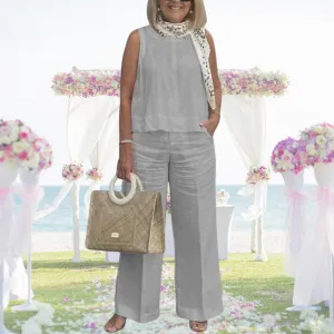 2 Piece Linen Set for Women Solid Color Tank Top and Wide Leg Pants Suits Dressy Matching Sets with Pockets