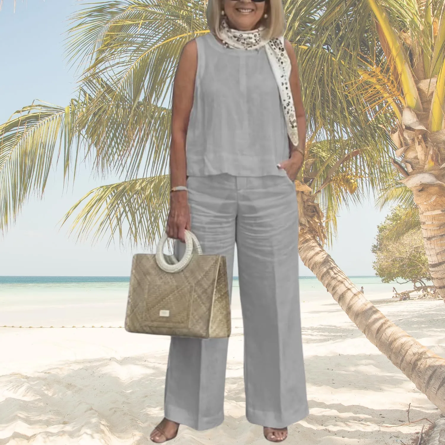 2 Piece Linen Set for Women Solid Color Tank Top and Wide Leg Pants Suits Dressy Matching Sets with Pockets