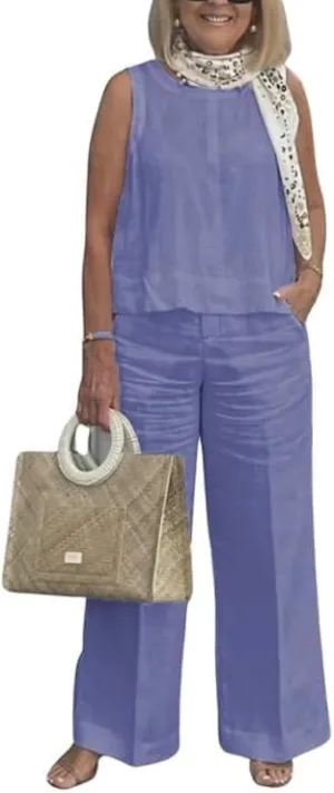 2 Piece Linen Set for Women Solid Color Tank Top and Wide Leg Pants Suits Dressy Matching Sets with Pockets