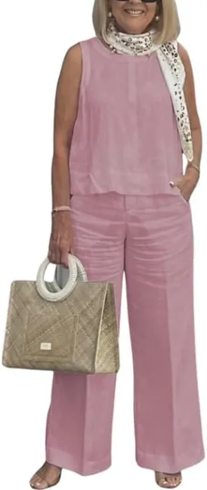 2 Piece Linen Set for Women Solid Color Tank Top and Wide Leg Pants Suits Dressy Matching Sets with Pockets