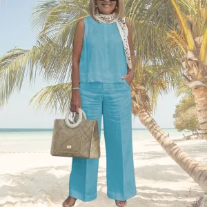 2 Piece Linen Set for Women Solid Color Tank Top and Wide Leg Pants Suits Dressy Matching Sets with Pockets