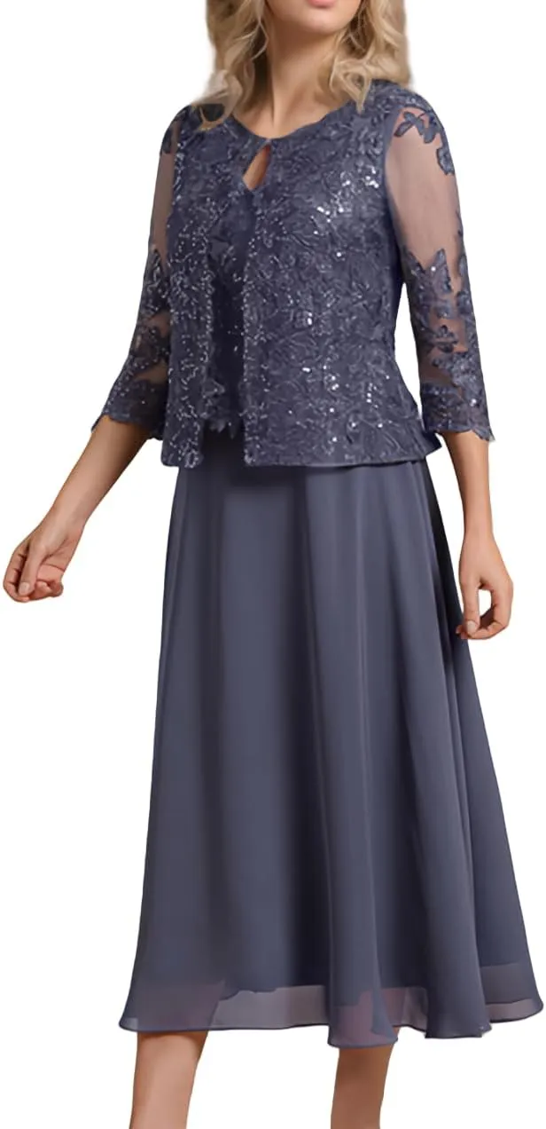 2 Piece Mother of The Bride Dresses Tea Length Lace Chiffon Evening Formal Wedding Guest Dress with Jacket