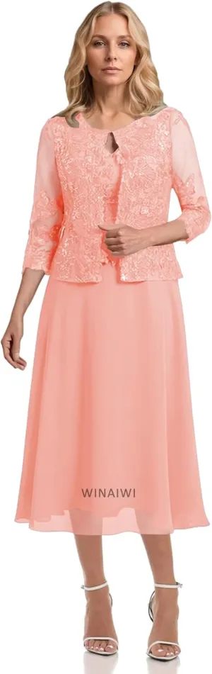 2 Piece Mother of The Bride Dresses Tea Length Lace Chiffon Evening Formal Wedding Guest Dress with Jacket