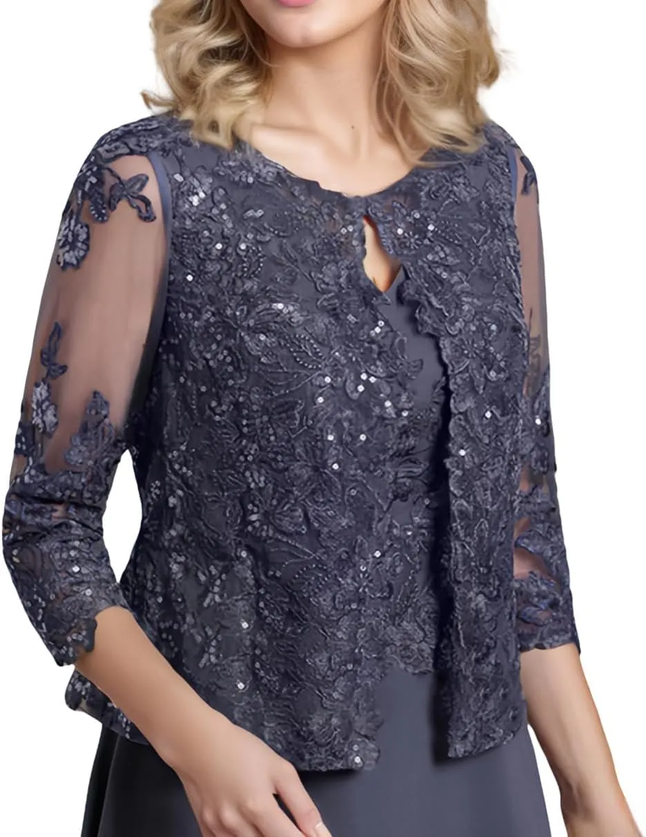 2 Piece Mother of The Bride Dresses Tea Length Lace Chiffon Evening Formal Wedding Guest Dress with Jacket