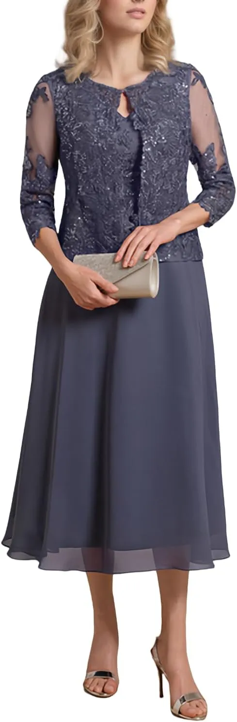 2 Piece Mother of The Bride Dresses Tea Length Lace Chiffon Evening Formal Wedding Guest Dress with Jacket