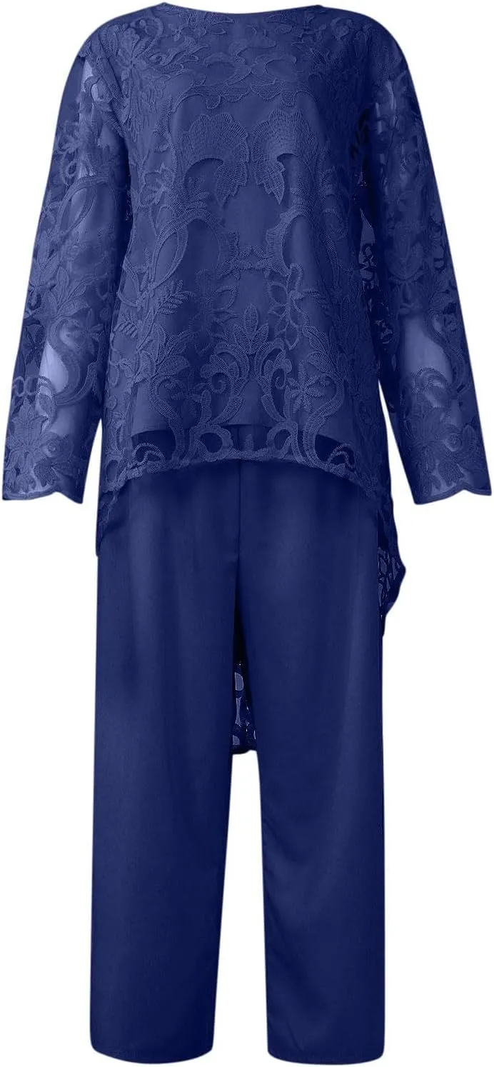 2 Piece Outfits for Women Elegant Wedding Guest Mother of The Bride Pant Suits Dressy Floral Lace Evening Formal Set