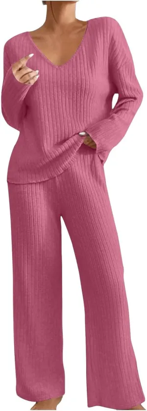 2 Piece Outfits for Women Knit Sweater Long Sleeve Crewneck Tops and Wide Leg Pants 2024 Ribbed Fall Lounge Set