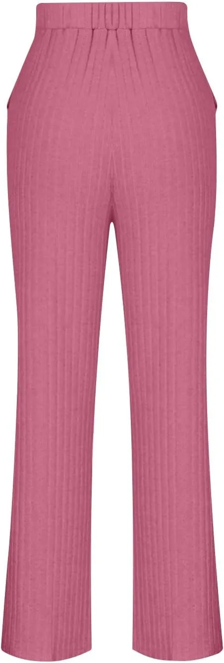 2 Piece Outfits for Women Knit Sweater Long Sleeve Crewneck Tops and Wide Leg Pants 2024 Ribbed Fall Lounge Set