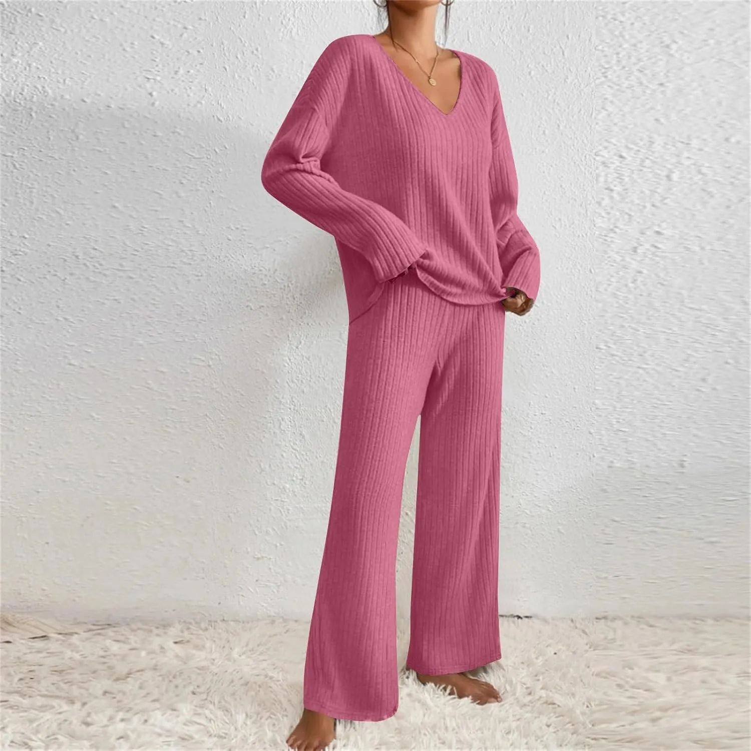 2 Piece Outfits for Women Knit Sweater Long Sleeve Crewneck Tops and Wide Leg Pants 2024 Ribbed Fall Lounge Set