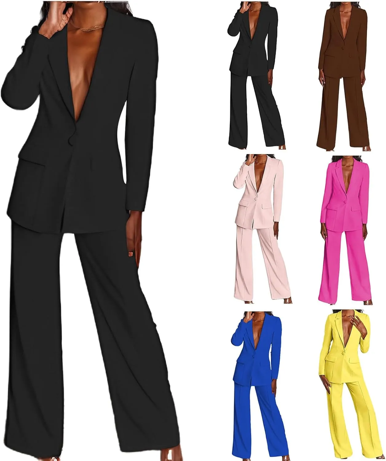 2 Piece Outfits for Women,Women's Sexy Deep V Neck Business Casual Office Suits Wide Leg Pants Suits Jacket