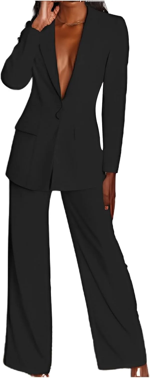 2 Piece Outfits for Women,Women's Sexy Deep V Neck Business Casual Office Suits Wide Leg Pants Suits Jacket
