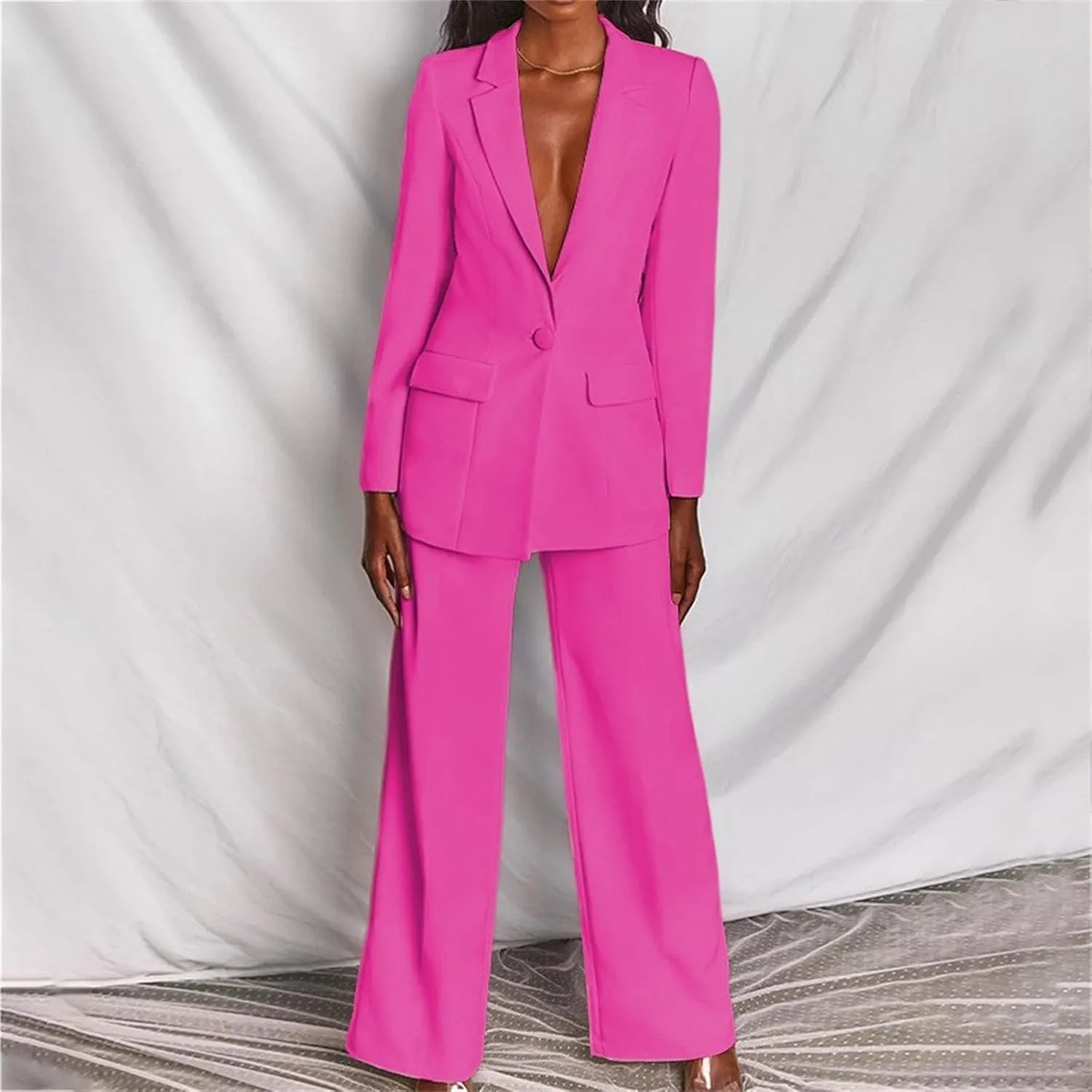 2 Piece Outfits for Women,Women's Sexy Deep V Neck Business Casual Office Suits Wide Leg Pants Suits Jacket