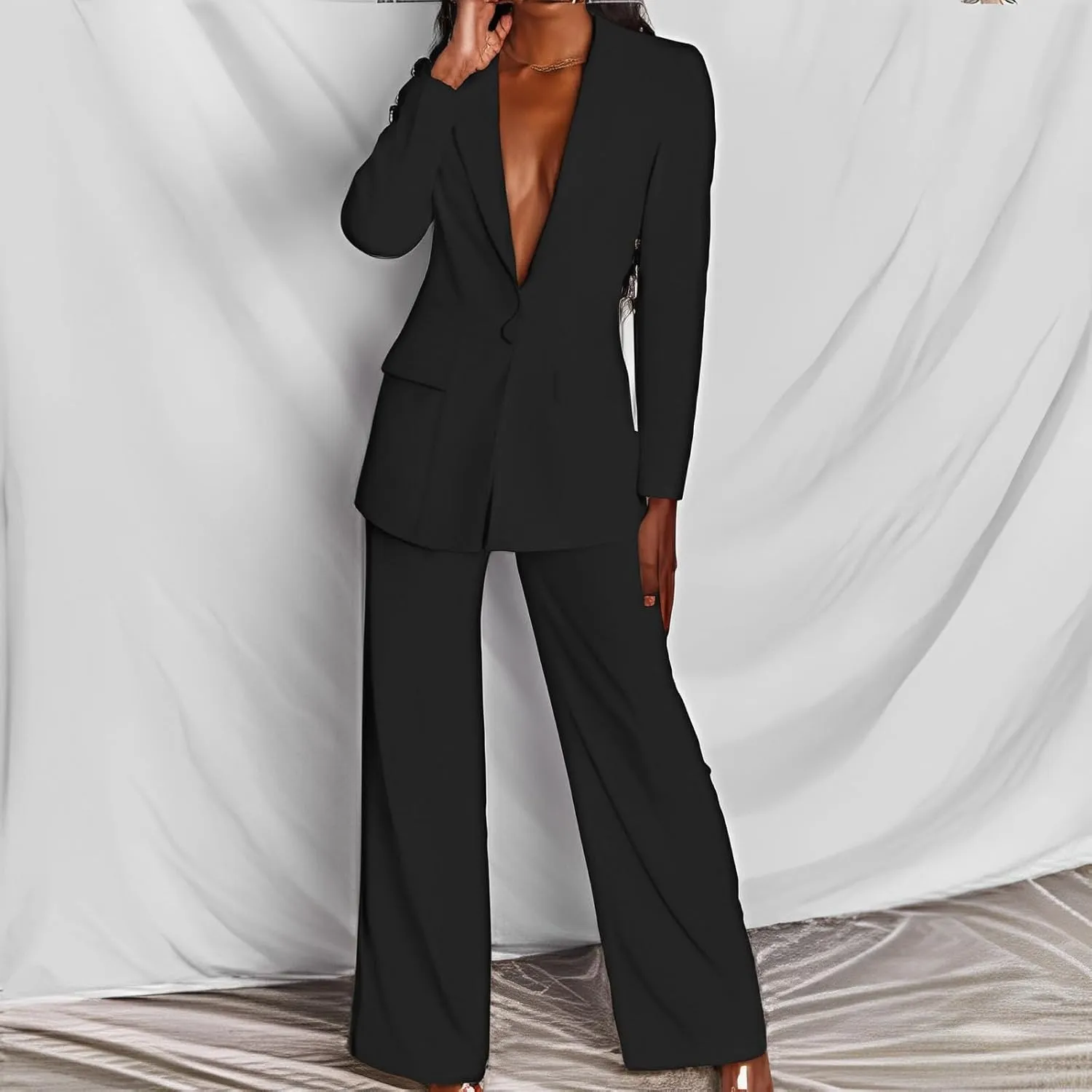 2 Piece Outfits for Women,Women's Sexy Deep V Neck Business Casual Office Suits Wide Leg Pants Suits Jacket