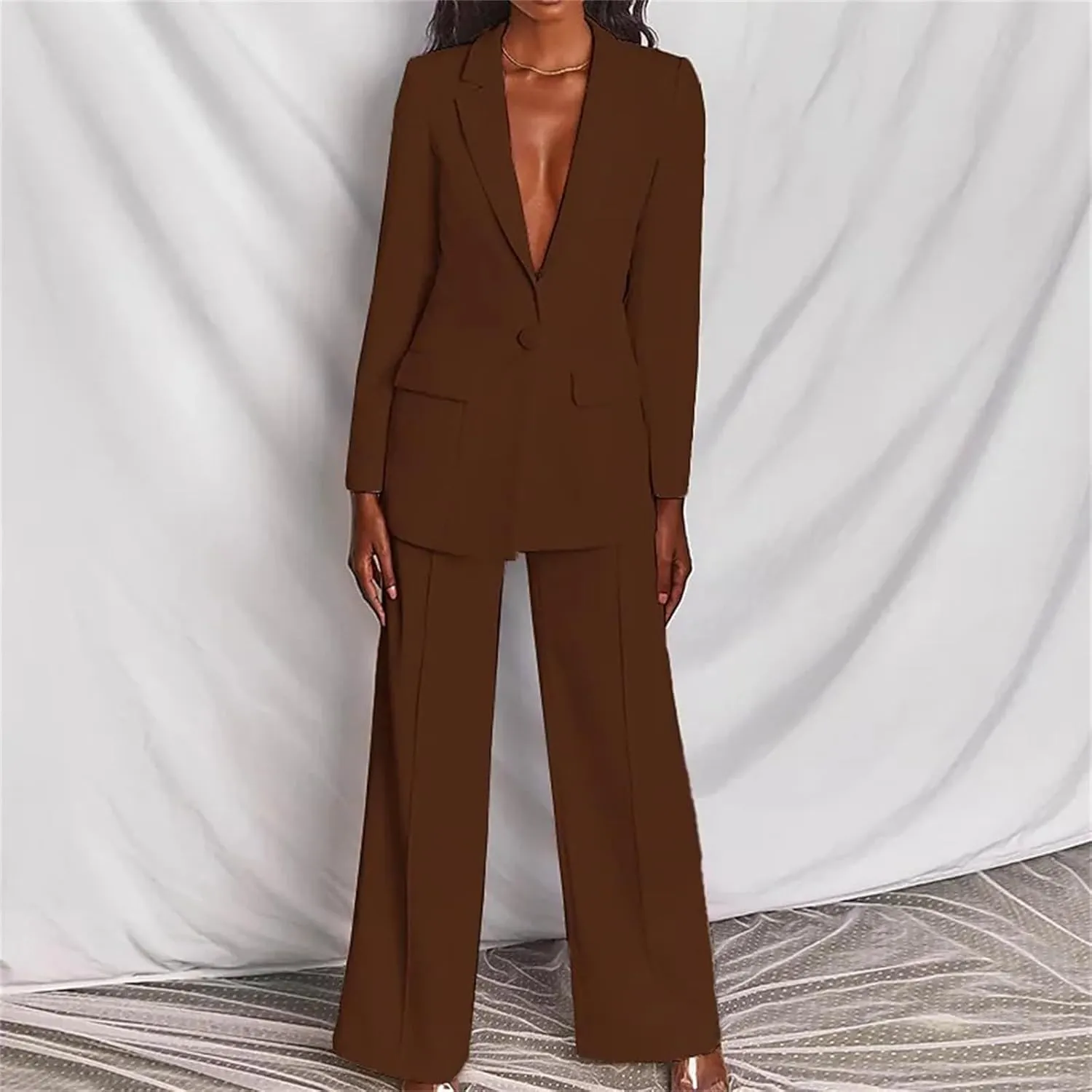 2 Piece Outfits for Women,Women's Sexy Deep V Neck Business Casual Office Suits Wide Leg Pants Suits Jacket