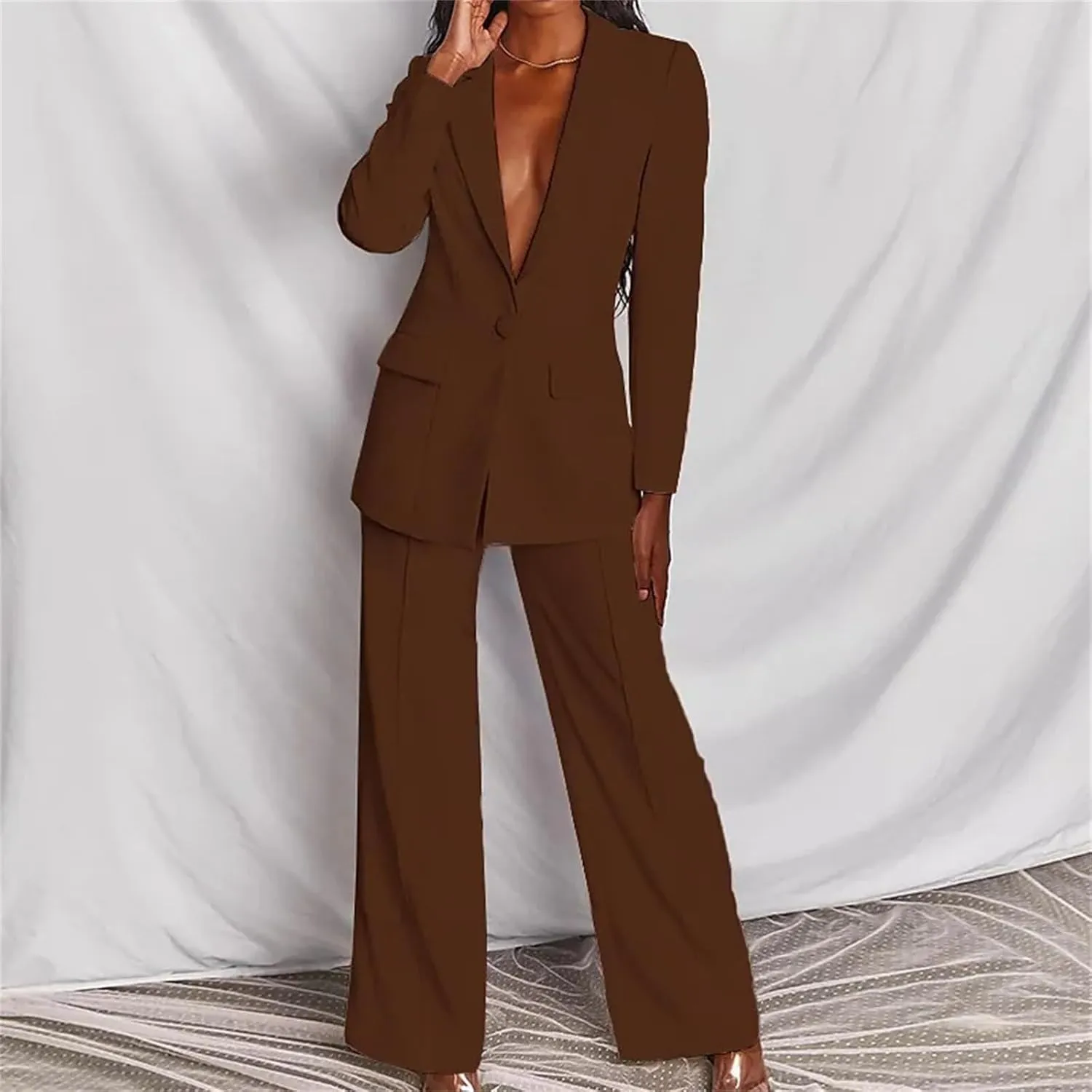 2 Piece Outfits for Women,Women's Sexy Deep V Neck Business Casual Office Suits Wide Leg Pants Suits Jacket