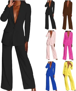2 Piece Outfits for Women,Women's Sexy Deep V Neck Business Casual Office Suits Wide Leg Pants Suits Jacket