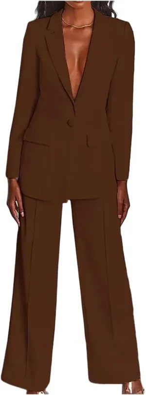 2 Piece Outfits for Women,Women's Sexy Deep V Neck Business Casual Office Suits Wide Leg Pants Suits Jacket