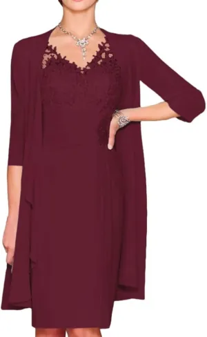2 Pieces Chiffon Mother of The Bride Dresses with Jacket Long Sleeve Tea Length Lace Formal Evening Gowns PG014