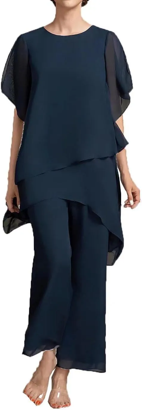 2 Pieces Mother of The Bride Pant Suits with Short Sleeve Chiffon Women Pantsuit Formal Wedding Guest Evening Outfit