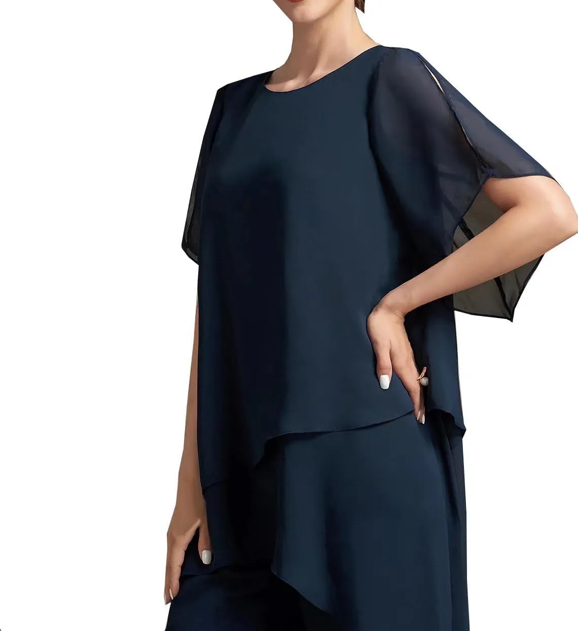 2 Pieces Mother of The Bride Pant Suits with Short Sleeve Chiffon Women Pantsuit Formal Wedding Guest Evening Outfit