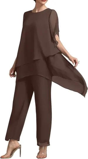 2 Pieces Mother of The Bride Pant Suits with Short Sleeve Chiffon Women Pantsuit Formal Wedding Guest Evening Outfit