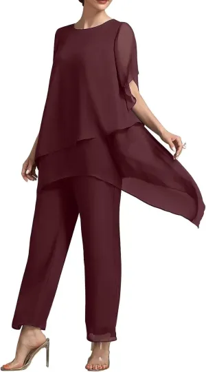 2 Pieces Mother of The Bride Pant Suits with Short Sleeve Chiffon Women Pantsuit Formal Wedding Guest Evening Outfit