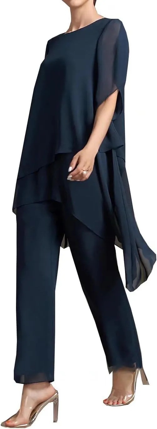 2 Pieces Mother of The Bride Pant Suits with Short Sleeve Chiffon Women Pantsuit Formal Wedding Guest Evening Outfit