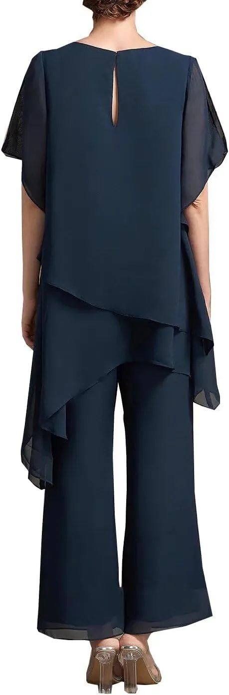 2 Pieces Mother of The Bride Pant Suits with Short Sleeve Chiffon Women Pantsuit Formal Wedding Guest Evening Outfit