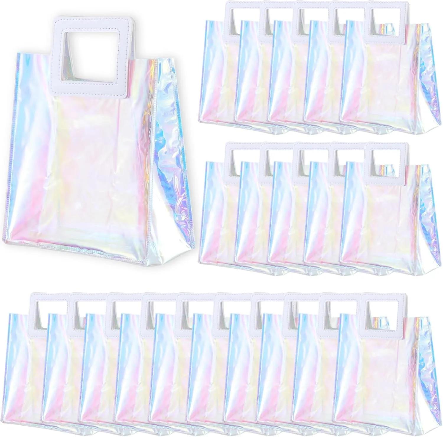 20 Pcs Holographic Tote Bags, 7''x4''x8'' Clear PVC Tote Bags with Handles, Reusable Iridescent Gift Bags for Women Girl Wedding Party Shopping