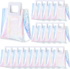 20 Pcs Holographic Tote Bags, 7''x4''x8'' Clear PVC Tote Bags with Handles, Reusable Iridescent Gift Bags for Women Girl Wedding Party Shopping