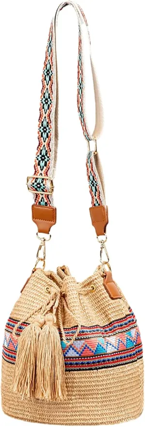2025 Summer Straw Bucket Bag Women Woven Crossbody Bag Woven Texture Wide Shoulder Strap Beach Vacation Tassel Tote