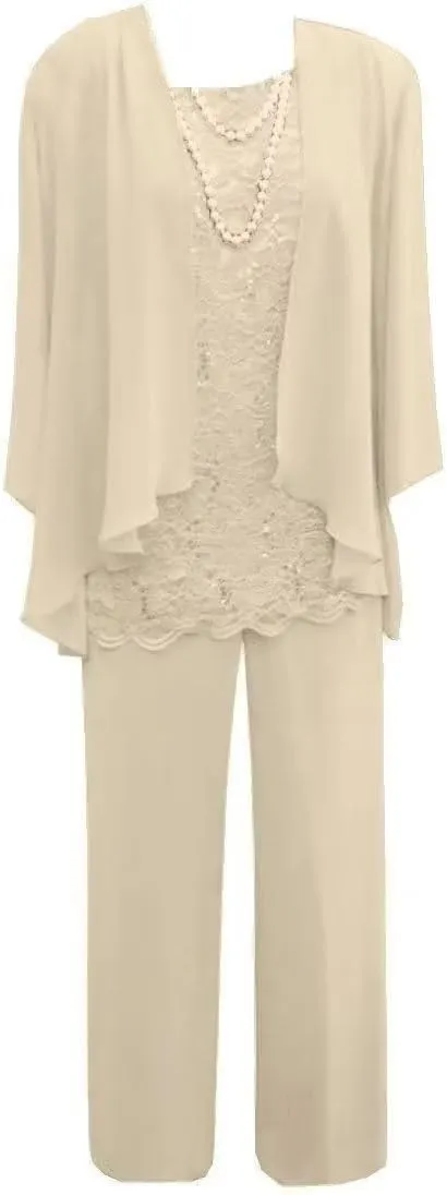 3 Pieces Mother of The Bride Pant Suits Lace Chiffon Formal Wedding Guest Dress with Jacket