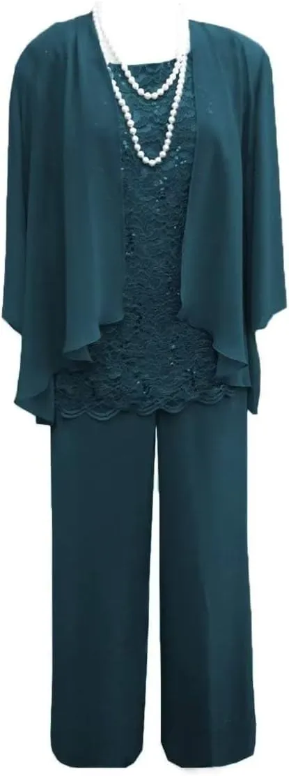 3 Pieces Mother of The Bride Pant Suits Lace Chiffon Formal Wedding Guest Dress with Jacket
